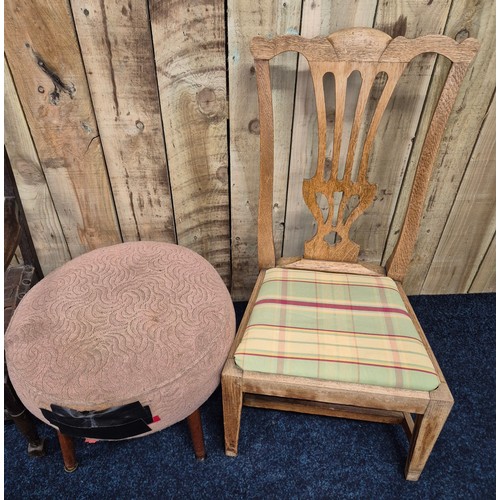 423 - Two antique chairs and stool; Chippendale style light oak child's chair and oak framed arm chair.