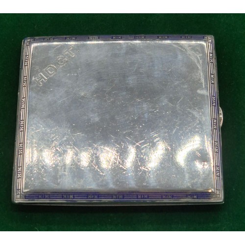 22 - French 900 grade silver cigarette case with blue enamel trim. [8x9.3cm] [129.28grams]