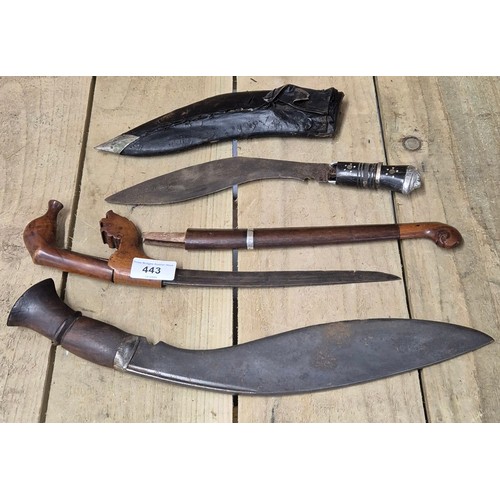 443 - A collection of three antique ethnic daggers; Turkish knifes & Ricikan knife in fitted sheath