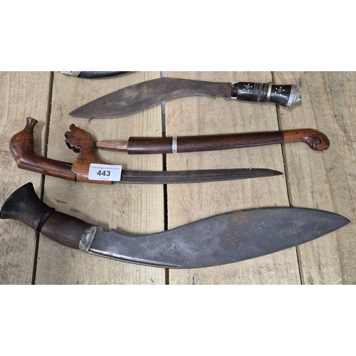 443 - A collection of three antique ethnic daggers; Turkish knifes & Ricikan knife in fitted sheath