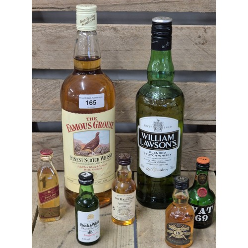 165 - Two Bottlings of Whisky and miniatures; 1 Litre bottling of The Famous Grouse, 70cl William Lawson's... 