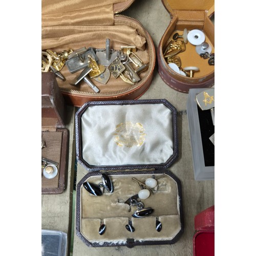 453 - A collection of vintage cufflinks; Masonic cufflinks, antique cuff links in fitted box & many more