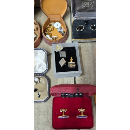 453 - A collection of vintage cufflinks; Masonic cufflinks, antique cuff links in fitted box & many more