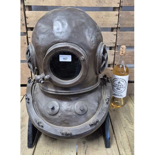 167 - Replica light weight resin bronzed divers Helmet with stand. [49cm high]