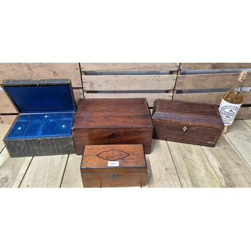 448 - A collection of 19th century Tea Caddys & boxes; Double section caddy boxes, Sewing box with wooden ... 