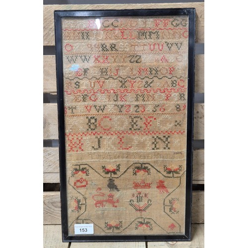 153 - 1851 framed Sampler. [Frame- 45.5x26cm]