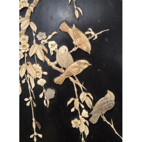 156 - A Pair of Japanese Meiji period wall hanging panels; Both depicting birds perched on floral branches... 