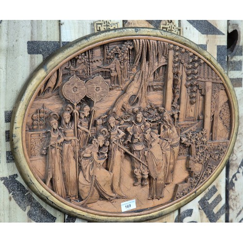 169 - Antique Chinese hand carved wall panel. Oval form and depicting group scene. Finished with a gilt fr... 