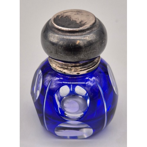 63 - Antique Blue over lay glass and 925 silver perfume bottle. Stopper still present. [4.7cm high]