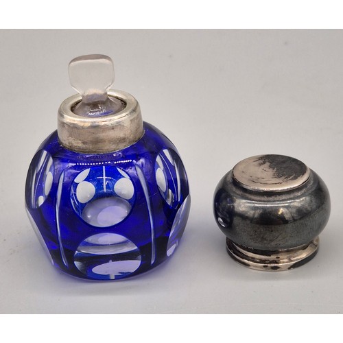 63 - Antique Blue over lay glass and 925 silver perfume bottle. Stopper still present. [4.7cm high]