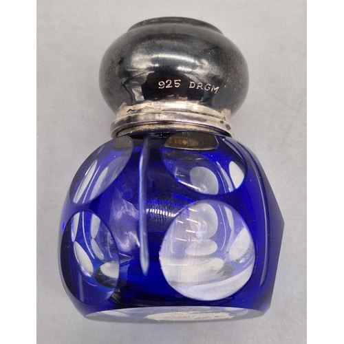 63 - Antique Blue over lay glass and 925 silver perfume bottle. Stopper still present. [4.7cm high]