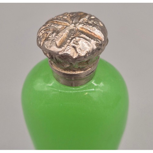 54 - 1920's Green glass and silver top perfume bottle- possibly Uranium glass. Stopper still present. [10... 