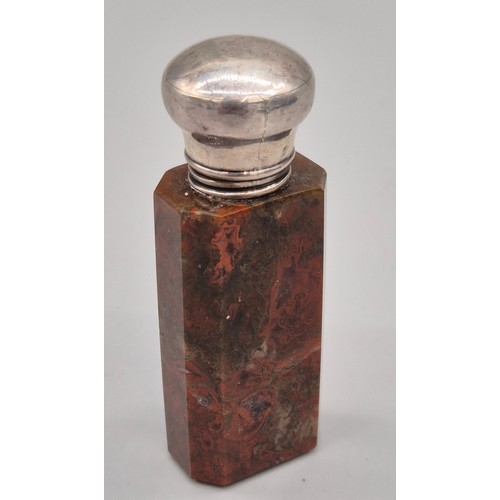 49 - Antique Agate and silver screw top perfume bottle- Cork stopper still intact. [6.7cm high]