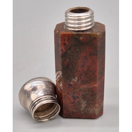 49 - Antique Agate and silver screw top perfume bottle- Cork stopper still intact. [6.7cm high]