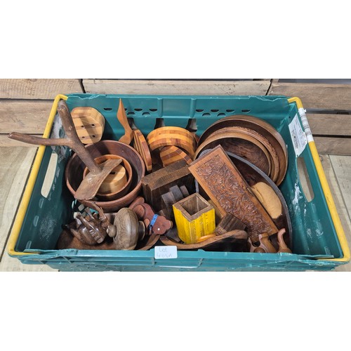 405A - Crate of treen items; hand made bowls and carved items.