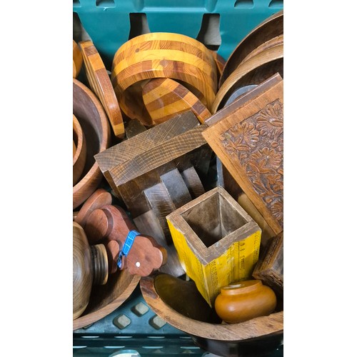 405A - Crate of treen items; hand made bowls and carved items.