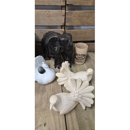 455A - Crate of collectables; African hand carved wooden elephant sculpture, Stone ware butter pot for W.R.... 