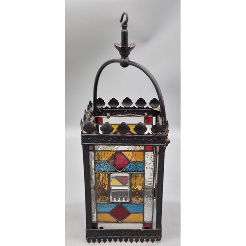 182 - Victorian Stained glass four side panelled metal hallway hanging lantern. [56x20x20cm]