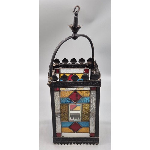 182 - Victorian Stained glass four side panelled metal hallway hanging lantern. [56x20x20cm]