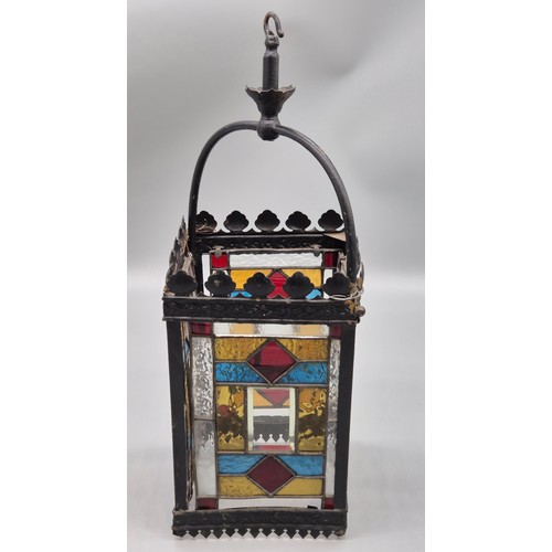 182 - Victorian Stained glass four side panelled metal hallway hanging lantern. [56x20x20cm]