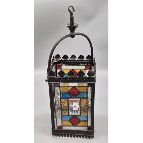 182 - Victorian Stained glass four side panelled metal hallway hanging lantern. [56x20x20cm]