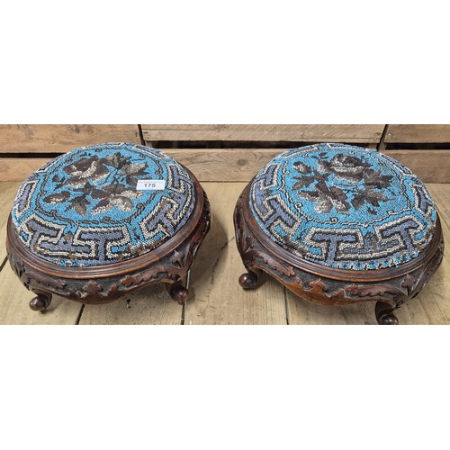 175 - A Pair of 19th century Needlework top stools. Raised hand carved wooden bases.