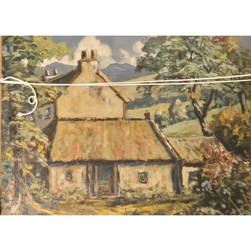 127 - Framed oil painting; Double sided painting on board- Scottish Highland loch scene & Thatched roof co... 