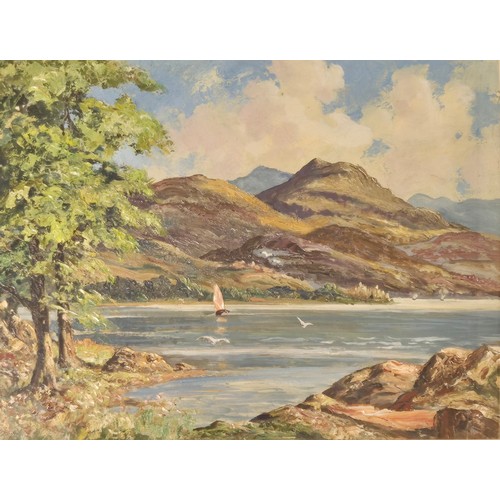 127 - Framed oil painting; Double sided painting on board- Scottish Highland loch scene & Thatched roof co... 