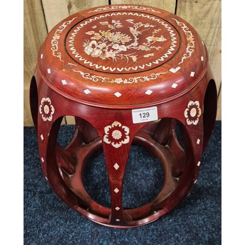 129 - 20th century Chinese Rosewood Barrel Stool with Mother Of Pearl Inlay depicting bird & flower design... 