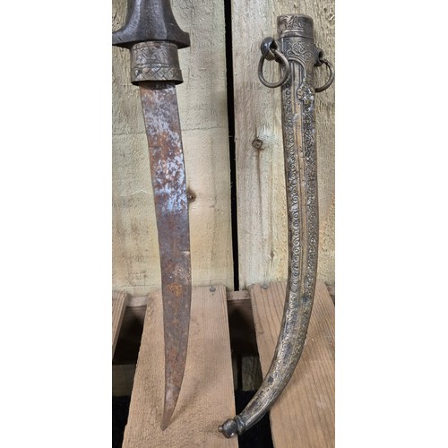 151 - Antique Islamic Wood and Brass Dagger; Knife Khanjar style in fitted sheath [42cm length]