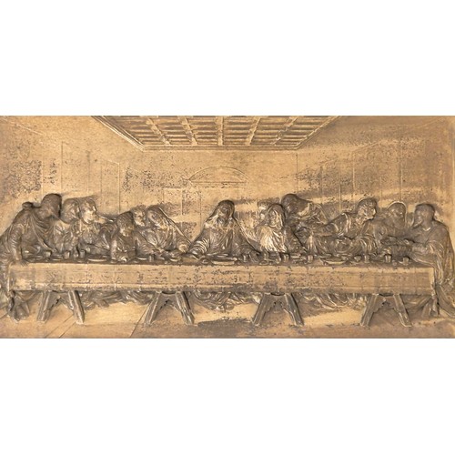 148 - Large antique silver plated raised relief last supper picture. Fitted within a black lacquered frame... 