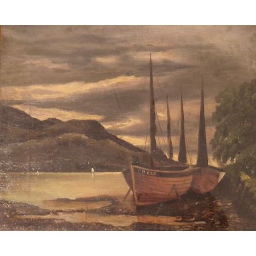 144 - Joe Branston 
19th century oil painting on canvas depicting loch and boat scene. Fitted with a gilt ... 