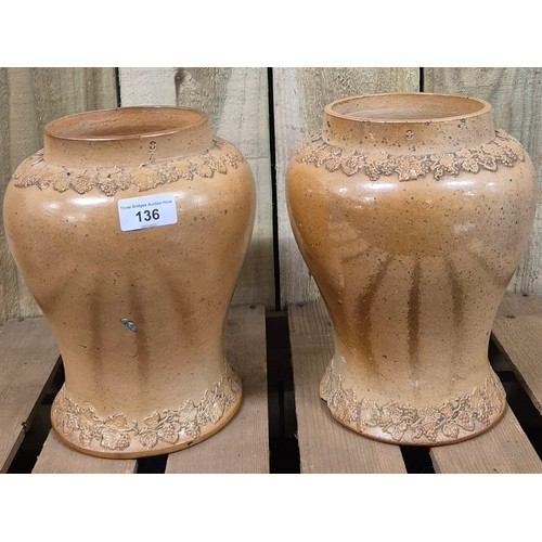 136 - A Pair of 19th century Bronze salt glaze stoneware Tobacconist snuff jars. [As Found] [24cm high]