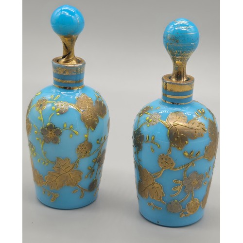 45 - Pair of 19th century Moser blue glass scent bottles with enamel gilt decoration. Circa 1880. [9cm ta... 