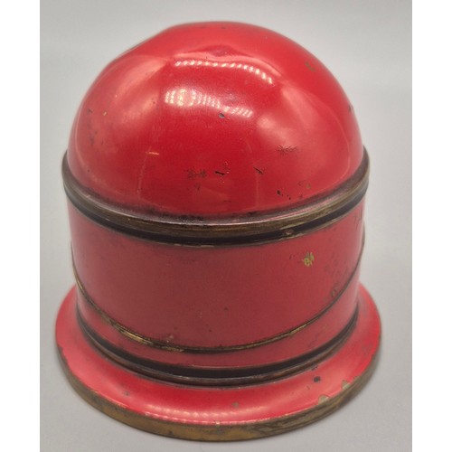 147 - Ges Gesch red enamel and brass lidded burner with three glass dishes. [7cm high]