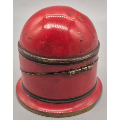 147 - Ges Gesch red enamel and brass lidded burner with three glass dishes. [7cm high]