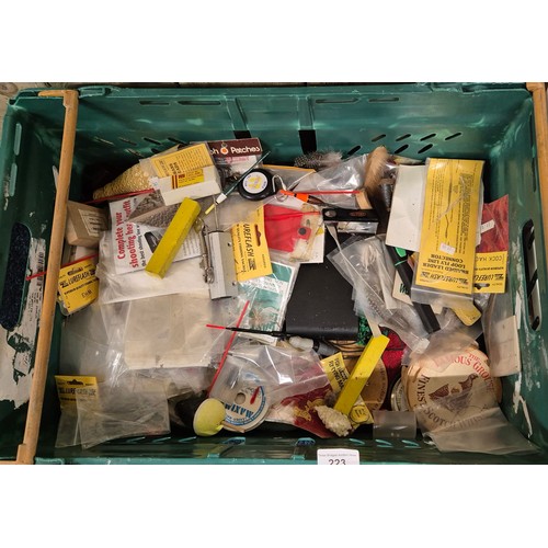 223 - A Crate of fishing items; Fishing tackle box & contents, fly tying items & vintage fishing Gaff