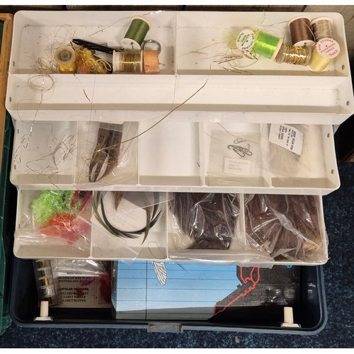 223 - A Crate of fishing items; Fishing tackle box & contents, fly tying items & vintage fishing Gaff