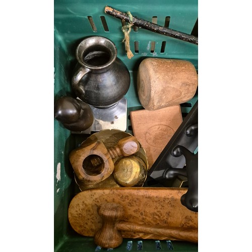 224 - A Crate of collectables; Wooden auctioneers Gavel, Stone ware bottle neck vase, Oriental carved wood... 