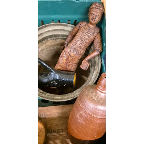 224 - A Crate of collectables; Wooden auctioneers Gavel, Stone ware bottle neck vase, Oriental carved wood... 