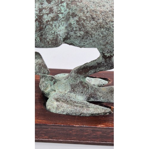 159 - Chinese bronze Tang horse raised upon a swallow bird. Comes with wooden stand. [17x18x8cm- includes ... 