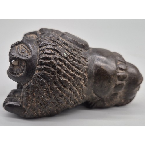 123 - Antique hand carved stone statue sculpture. Depicts two head lion figure leading to a head sculpt. [... 