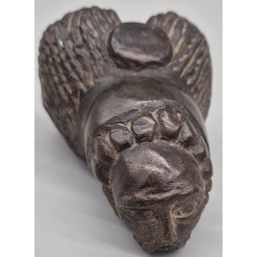 123 - Antique hand carved stone statue sculpture. Depicts two head lion figure leading to a head sculpt. [... 