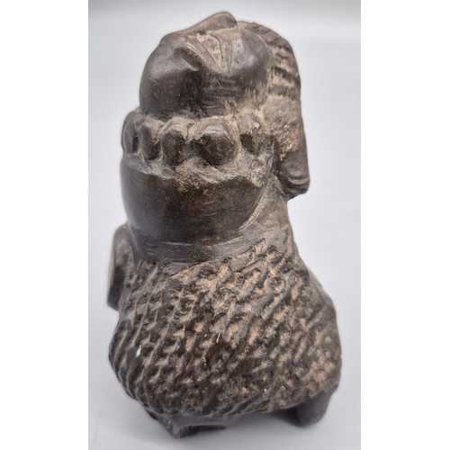 123 - Antique hand carved stone statue sculpture. Depicts two head lion figure leading to a head sculpt. [... 