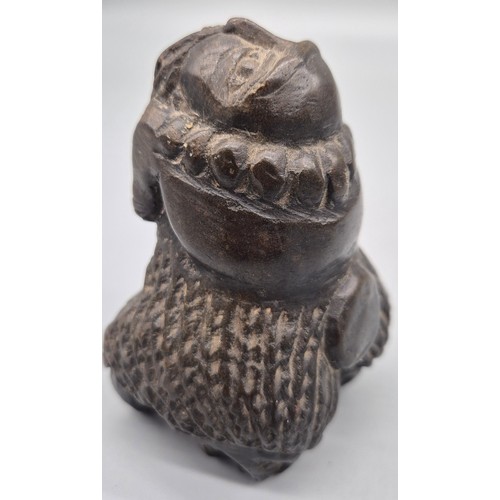 123 - Antique hand carved stone statue sculpture. Depicts two head lion figure leading to a head sculpt. [... 