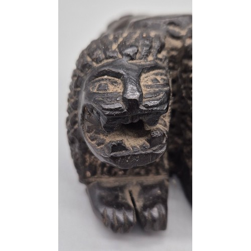 123 - Antique hand carved stone statue sculpture. Depicts two head lion figure leading to a head sculpt. [... 