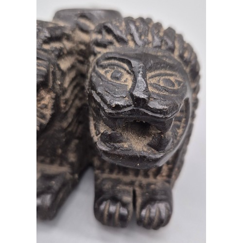 123 - Antique hand carved stone statue sculpture. Depicts two head lion figure leading to a head sculpt. [... 