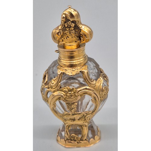 61 - 18th/ 19th century yellow gold and cut crystal glass ornate perfume/ Flacon bottle. Main body detail... 