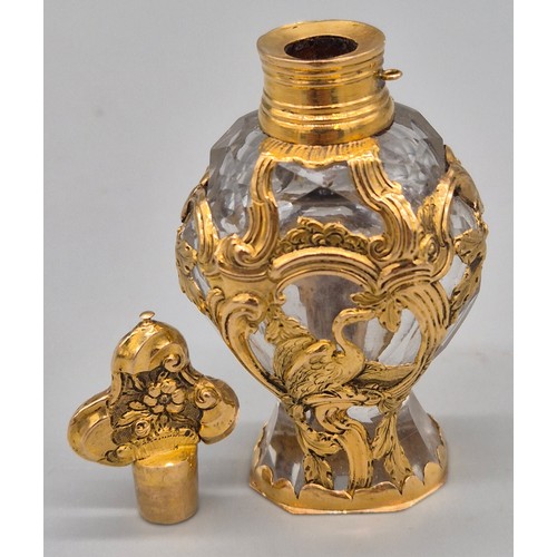 61 - 18th/ 19th century yellow gold and cut crystal glass ornate perfume/ Flacon bottle. Main body detail... 