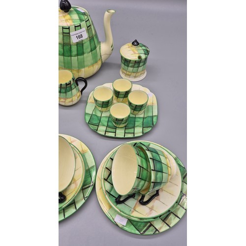 168 - Crown Stafford hand painted tea set with tea pot, sugar, cream and egg cups.